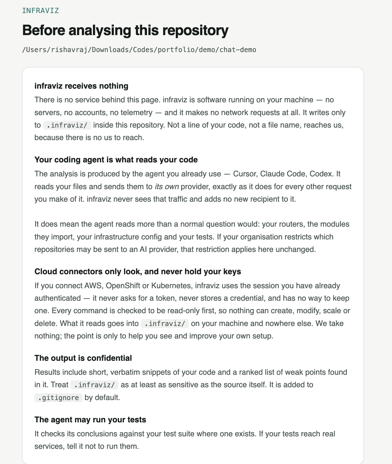 The consent gate, naming the repository path and listing five points: infraviz receives nothing, your coding agent is what reads your code, cloud connectors only look, the output is confidential, and the agent may run your tests.